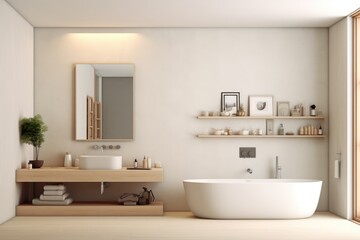 Naklejka na ściany i meble modern white bathroom, minimal style, contemporary design with natural light, generative AI