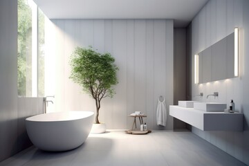 Naklejka na ściany i meble modern white bathroom, minimal style, contemporary design with natural light, generative AI