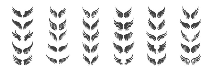 Fototapeta na wymiar Vector Black and White Wing Icon Set. Vintage Angel Wings Silhouette, Icons, Logo Design Template, Clipart Collection. Cupid, Bird Wings. Vector illustration