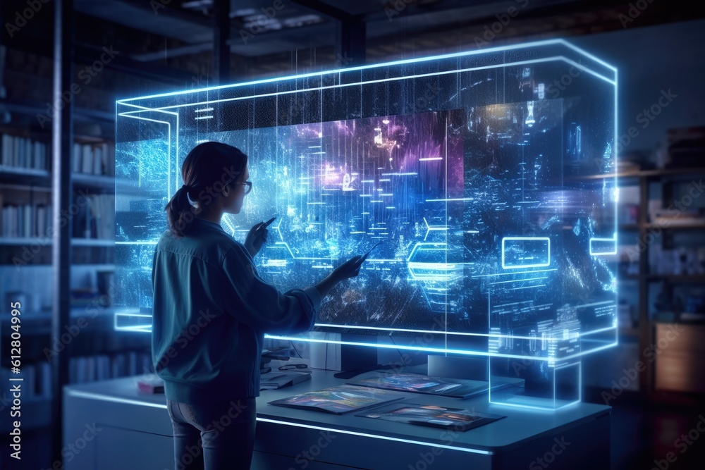 Wall mural a photo of a person using a holographic display to interact with digital content in a futuristic wor