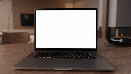 close up of a laptop on a table in a modern living room with transparent screen for content placement like Mockups, Home Office Commercial, Advertising or Infographics.