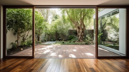 Naklejka premium A Haven of Peace: Open Door to the Backyard Garden Reveals Splendid Outside View From Home's Interior. Generative AI