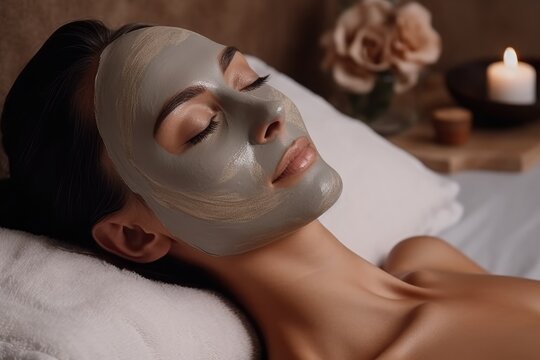 Woman in mask on face in spa beauty salon. aerial view photo. Generative AI