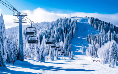 A snowy mountainside ski lifts in the middle ground and fur trees