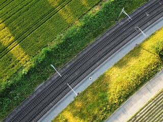 Railway track through countryside in Switzerland, aerial view
