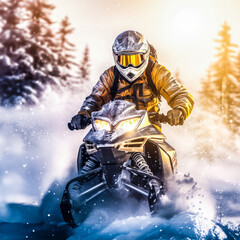 Rider driving in the quad bike race in winter in beautiful snowy road with fir trees in frozen mountains forest