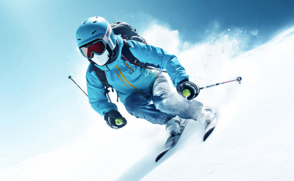 Man in professional alpine ski gear. Hanging down from snowiest mountain