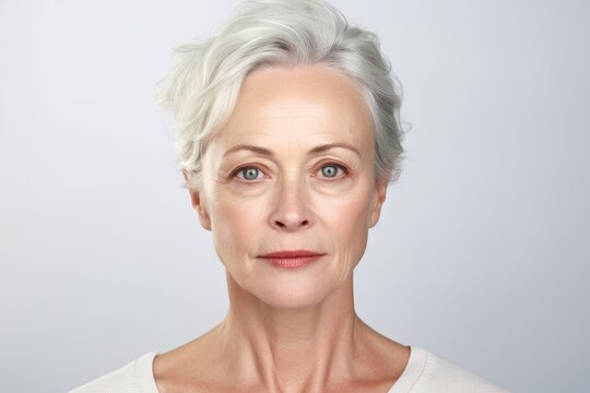 Beautiful mid aged mature woman looking at camera isolated on white. Mature old lady close-up portrait. Generative AI