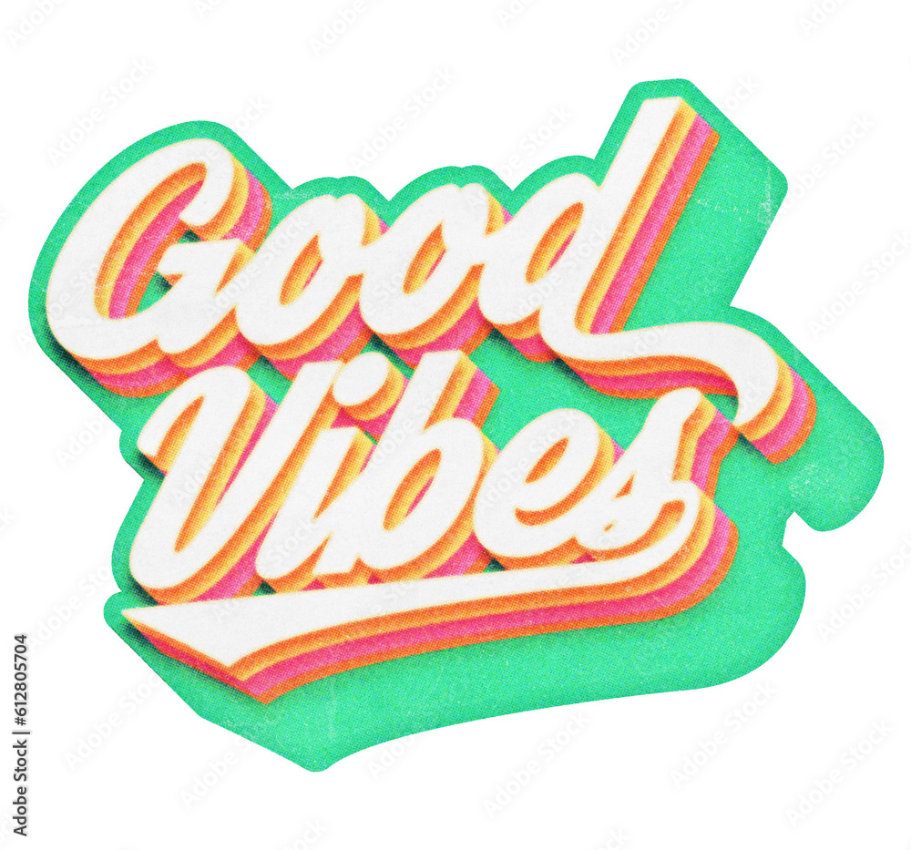 Poster words good vibes paper cut-out in retro three-dimensional script lettering style isolated on transpa