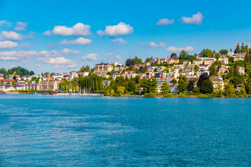 Beautiful view of the quay Carl-Spitteler-Quai, the eastern continuation of the Nationalquai in the city of Lucerne. It lies on the right bank of Lake Lucerne (Vierwaldstättersee).