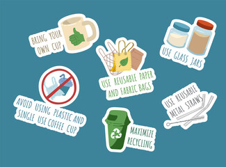 Set of stickers about zero waste flat style, vector illustration