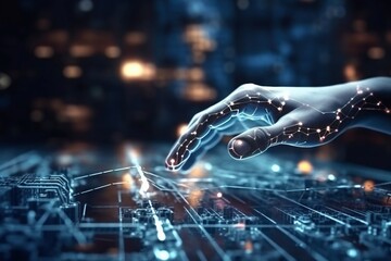 AI, Machine learning, Hands of robot and human touching on big data network connection, Data exchange, deep learning, Science and artificial intelligence technology, innovation Generative AI