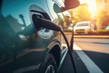 Electric car and home wall EV charger. Generative AI