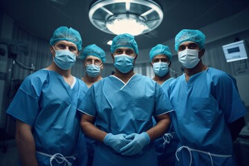Portrait of diverse male surgeons with face masks in operating room. Healthcare, medicine and hospital. Generative AI - obrazy, fototapety, plakaty
