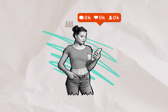 Picture poster artwork sketch image collage of upset glamour girl use phone zero comments unpopular blog on grey color background - Powered by Adobe