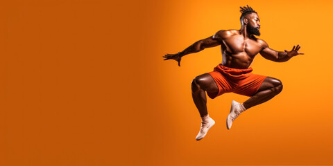 Fototapeta na wymiar Athletic man jumping in dynamic pose, floating in midair, wearing orange shorts and shirtless, orange background, wide, copyspace. Generative AI