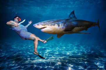 A diver in a retro swimsuit is ready fighting with shark under water