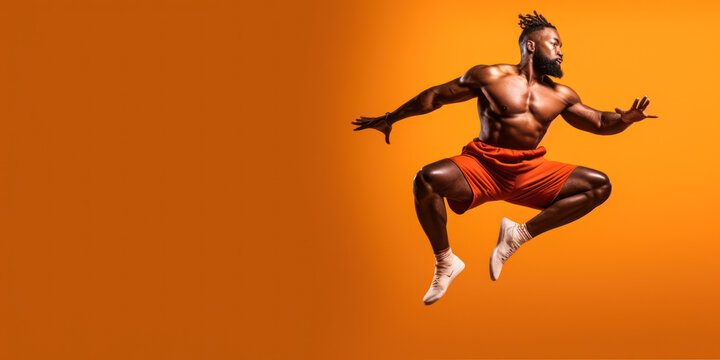 Athletic man jumping in dynamic pose, floating in midair, wearing orange shorts and shirtless, orange background, wide, copyspace. Generative AI