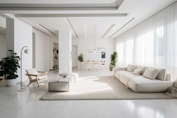 Obraz na płótnie Canvas Modern, bright and cozy white room with spacious floor plan. Generative AI