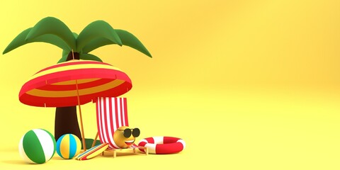 3d HOLIDAY summer sale template. Composition of blue glass board with cute beach object and swimming pool. Concept of island vacation. 3d illustration