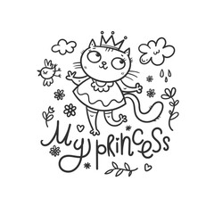 Card with  cute cartoon  cat princess.  Funny doodle kitten girl in crown. Vector contour image. Playful animal print.