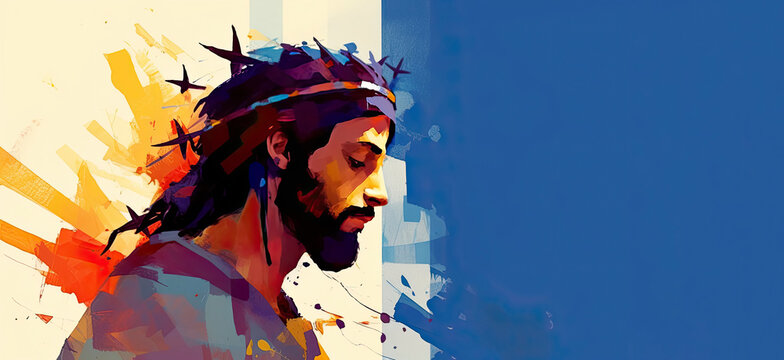 Colorful painting art portrait of Jesus with a crown of thorns. Easter, crucifixion or Resurrection concept. Jesus is alive.