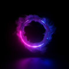 Glowing neon ring with some smoke cloud. 3d rendering. 