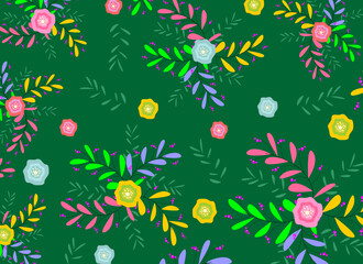 Texture vector illustration with flowers and colorful leaves, print, artwork, autumn, pattern, green.