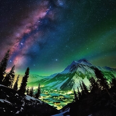 Fototapeta na wymiar Aurora borealis with Milky way stars and suburb countryside silhouettes. Created with generative AI technology.