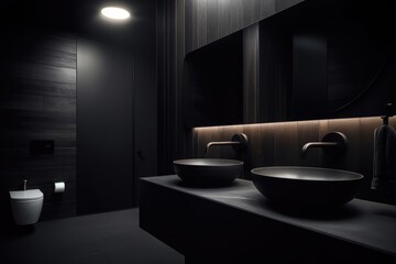 Fototapeta na wymiar modern dark themed bathroom, minimal style, contemporary design, generative AI