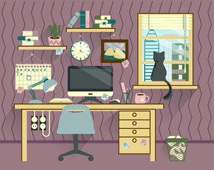 Office interior with workspace drawing in flat style and stationery equipment on purple background