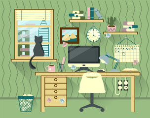 Office interior with workspace drawing in flat style and stationery equipment on green background vector