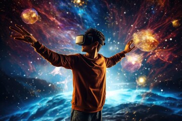 Fototapeta premium A photo of a person experiencing a virtual reality( VR) simulation. Generative AI