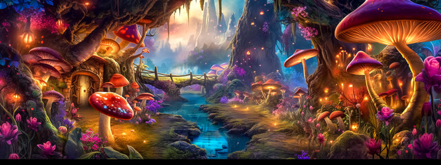 wonderland, magical night glowing forest with mushrooms, banner with copy space, made with Generative AI