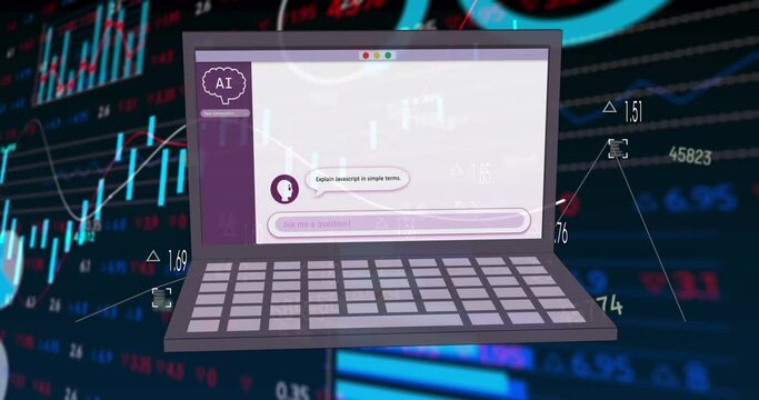 Animation of ai data processing, chat, statistics and icons on laptop screen