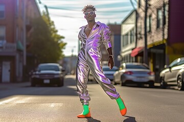 A photo of a person wearing a metallic silver jumpsuit with neon accents, reminiscent of the iconic 80's fashion. Generative AI