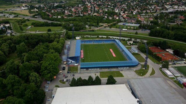 Drone footage of a football stadium in Nitra, Slovakia, sports, 4k