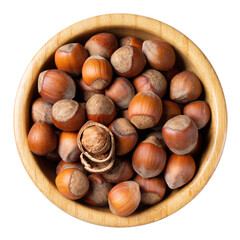 Hazelnuts in wooden bowl isolated on white.  Nuts in shell. Top view.