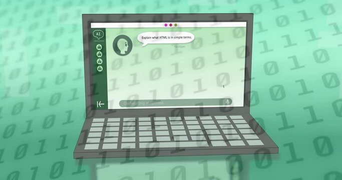 Animation of ai data, chat and icons on laptop screen and binary coding
