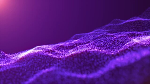 Abstract digital purple sparkling waves on dark background with soft sun rays and bokeh effect. Digital sea particle waves background. Best for presentations, business, screen savers. Perfect loop, 4k