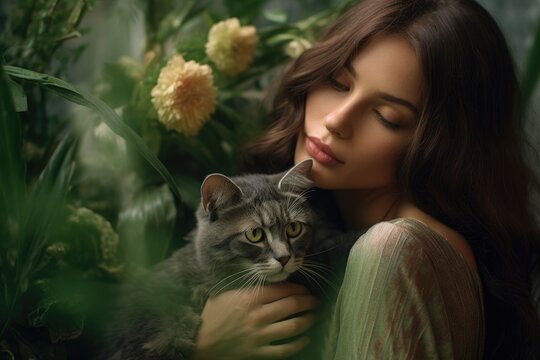 A photo of a woman sitting peacefully, cradling her cat in her arms, as she plants a gentle kiss on its head. Generative AI