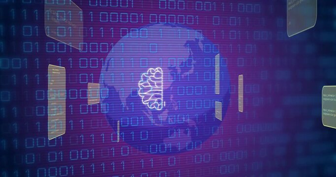 Animation of ai data processing and icons over globe and binary coding