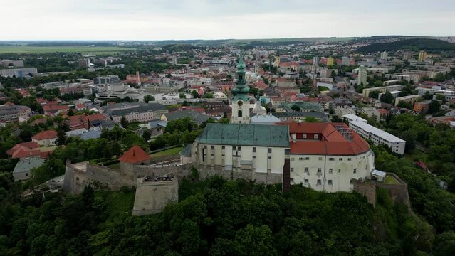 High angle view of Nitra Castle on a hill, cityscape view of Nitra, Slovakia, 4k