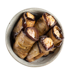 Fried eggplant with walnut sauce, aubergine rolls in gray bowl isolated on white. Badridzhani. Georgian cuisine. Top view.