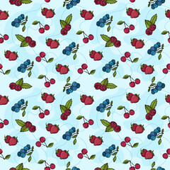 Seamless vector pattern with cartoon hand drawn fruits and berries. Vector illustration. Suitable for wallpaper, print, t-shirt, banner, pattern.