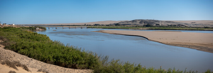 View of the Orange River and the  Ernest Oppenheimer Bridge on the R382 road between South Africa...