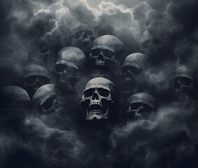 Clouds shaped like skulls creating an eerie atmosphere In the style of dark and mysterious. Generative AI