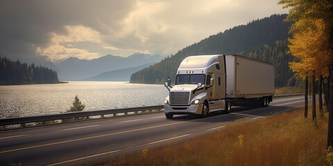 Majestic Journey. Semi Truck Roaming Amidst Mountainous Backdrop