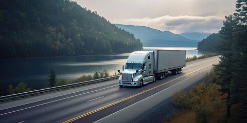 Majestic Journey. Semi Truck Roaming Amidst Mountainous Backdrop