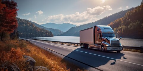 Majestic Journey. Semi Truck Roaming Amidst Mountainous Backdrop